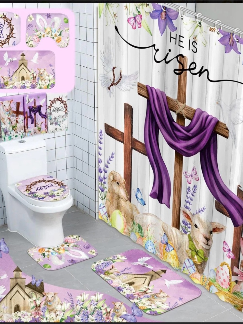 He Is Risen Easter Bath Set Shower Curtain and Accessories- 8 piece